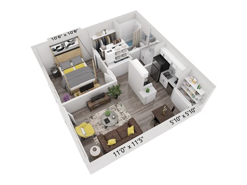 Floor plan for 1 bed, 1 bath, 540 sqft
